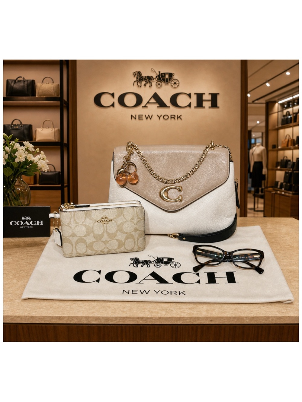 Coach. 5 Piece: Tammie Bag with Free Wristlet, Eyeglasses, Scarf & Bag Charm.